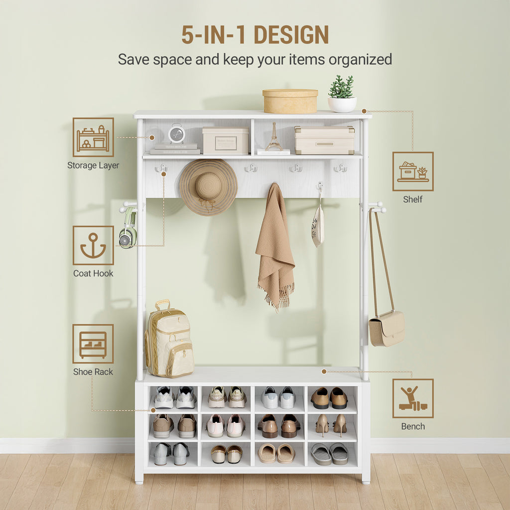 Hzuaneri Coat Rack, Entryway Furniture with Shoe Bench, 14 Open Compartments, 13 Shelves, Industrial Style, for Entryway/Hallway, 31 x 110 x 187 cm, White HT17913W