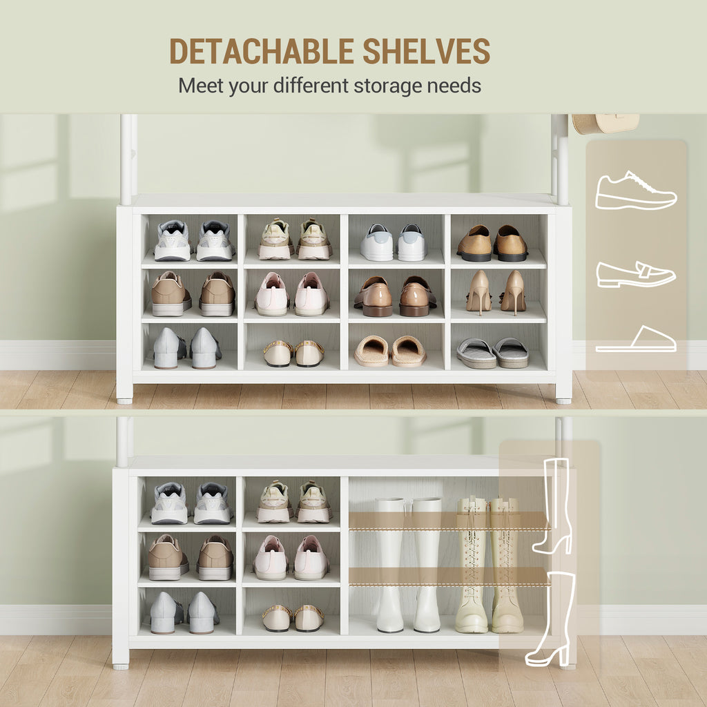Hzuaneri Coat Rack, Entryway Furniture with Shoe Bench, 14 Open Compartments, 13 Shelves, Industrial Style, for Entryway/Hallway, 31 x 110 x 187 cm, White HT17913W