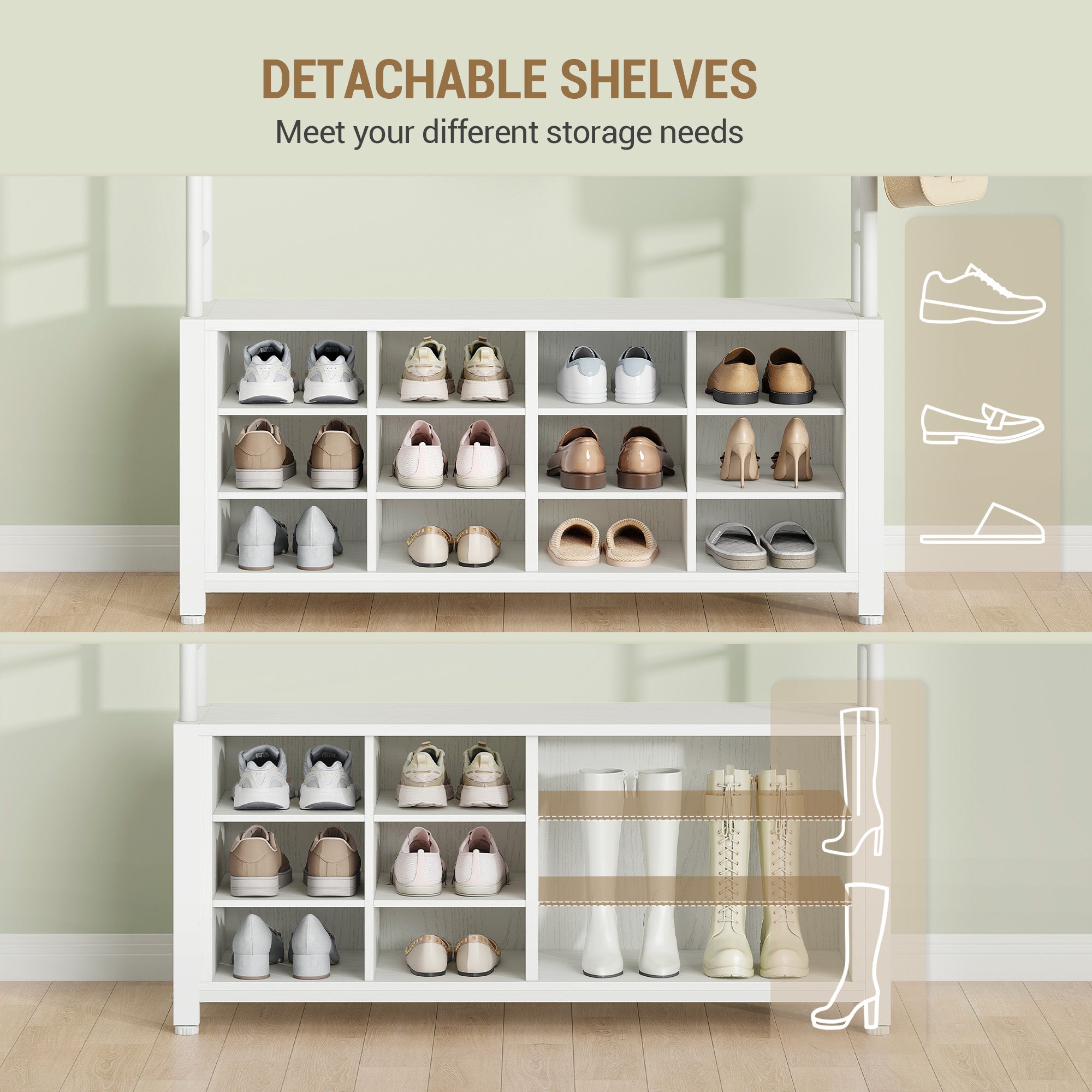 Hzuaneri Coat Rack, Entryway Furniture with Shoe Bench, 14 Open Compartments, 13 Shelves, Industrial Style, for Entryway/Hallway, 31 x 110 x 187 cm, White HT17913W