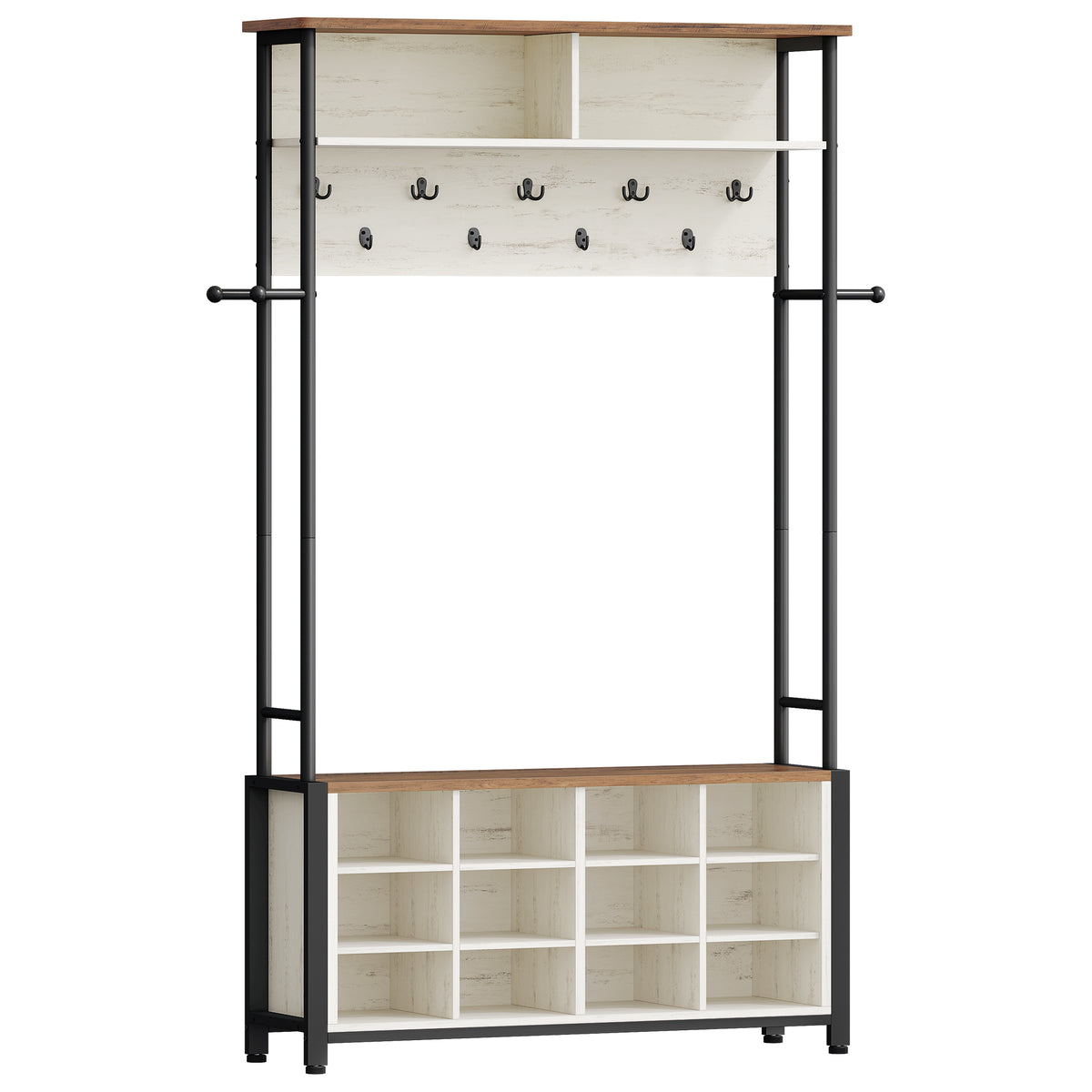 Hzuaneri Coat Rack, Entryway Furniture with Shoe Bench, 14 Open Compartments, 13 Shelves, Industrial Style, for Entryway, Hallway, 31 x 110 x 187 cm, White and Brown HT17914B