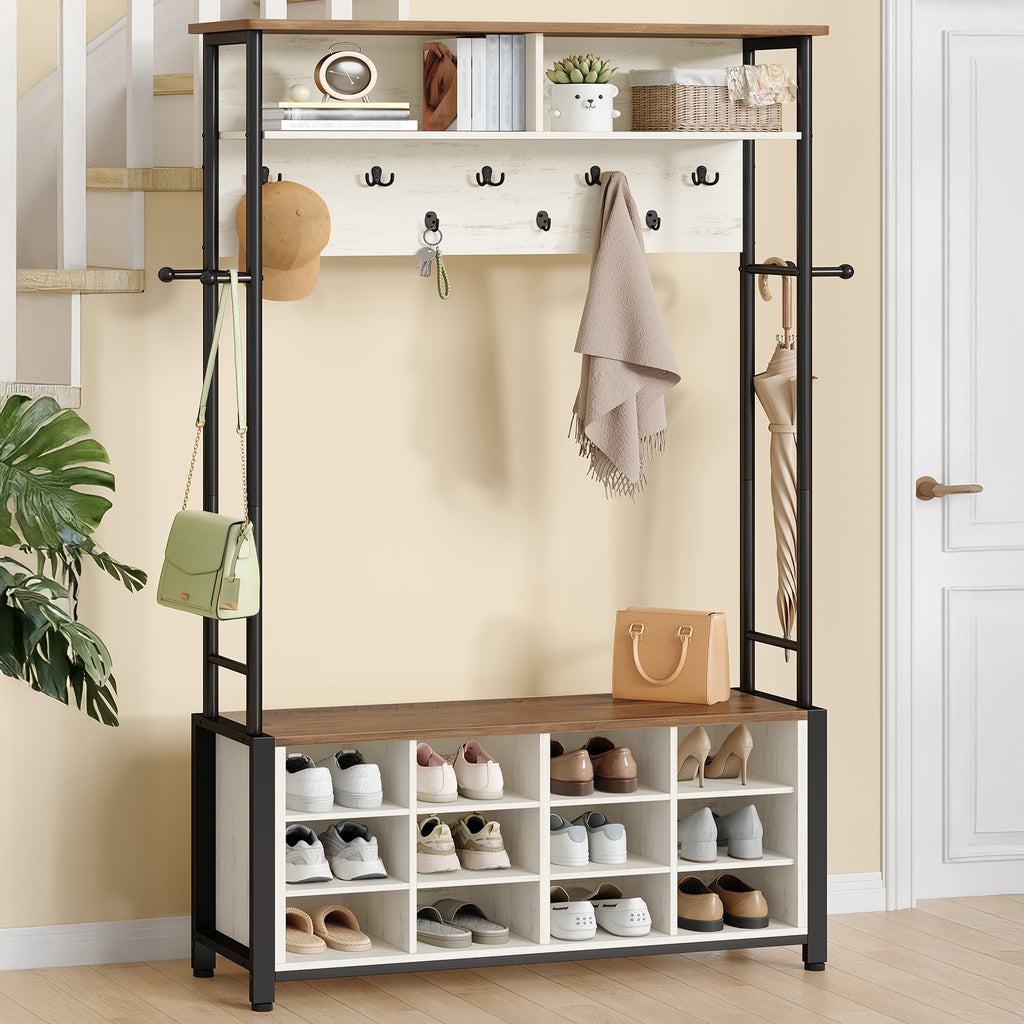 Hzuaneri Coat Rack, Entryway Furniture with Shoe Bench, 14 Open Compartments, 13 Shelves, Industrial Style, for Entryway, Hallway, 31 x 110 x 187 cm, White and Brown HT17914B