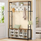 Hzuaneri Coat Rack, Entryway Furniture with Shoe Bench, 14 Open Compartments, 13 Shelves, Industrial Style, for Entryway, Hallway, 31 x 110 x 187 cm, White and Brown HT17914B