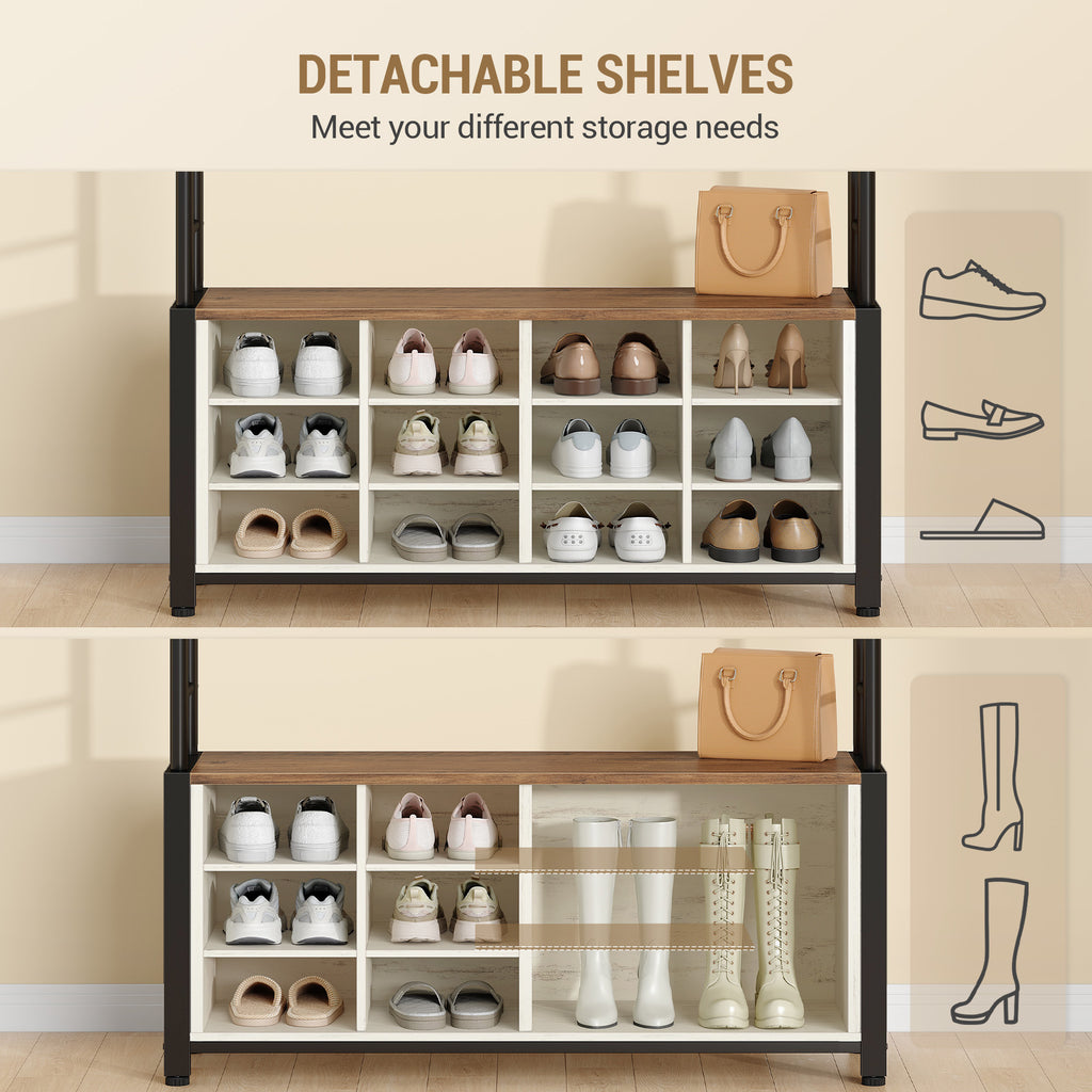Hzuaneri Coat Rack, Entryway Furniture with Shoe Bench, 14 Open Compartments, 13 Shelves, Industrial Style, for Entryway, Hallway, 31 x 110 x 187 cm, White and Brown HT17914B