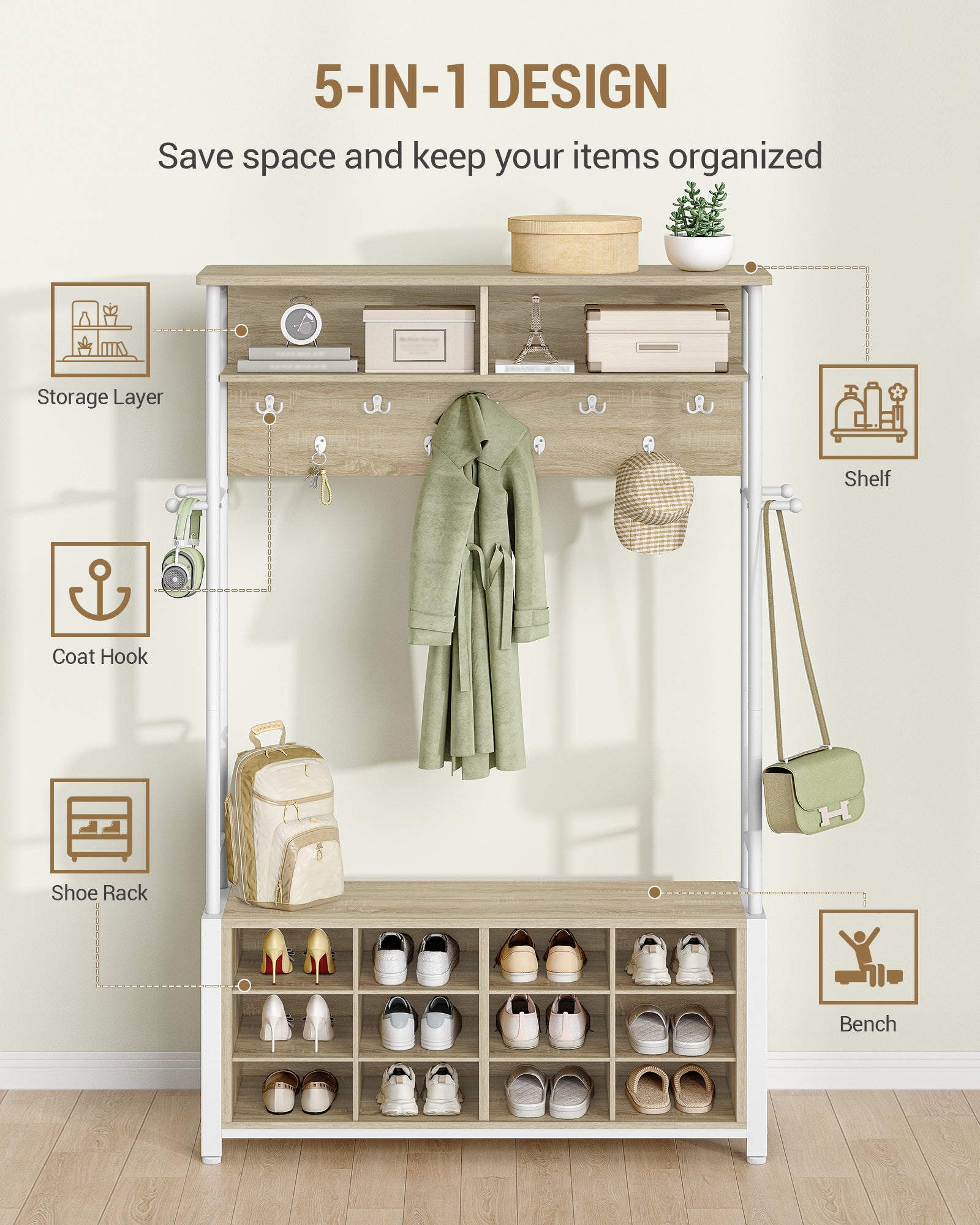 Hzuaneri Coat Rack with Shoe Bench, Wardrobe with 13 Hooks, 14 Open Compartments, Adjustable Shelves, Clothes Rack for Hallway, Entrance Area, 31 x 110 x 187 cm, Oak-White HT17916W