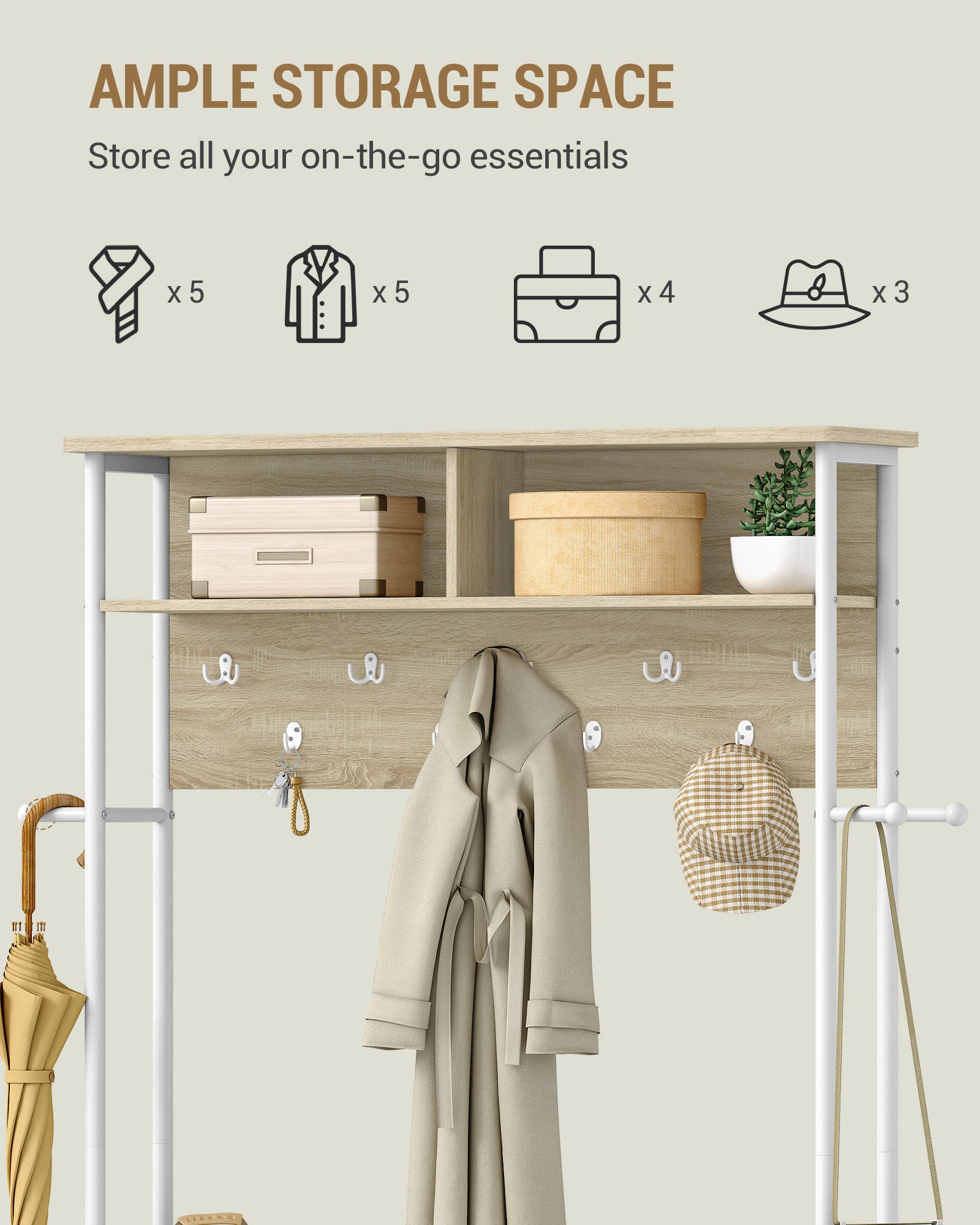 Hzuaneri Coat Rack with Shoe Bench, Wardrobe with 13 Hooks, 14 Open Compartments, Adjustable Shelves, Clothes Rack for Hallway, Entrance Area, 31 x 110 x 187 cm, Oak-White HT17916W