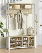 Hzuaneri Coat Rack with Shoe Bench, Wardrobe with 13 Hooks, 14 Open Compartments, Adjustable Shelves, Clothes Rack for Hallway, Entrance Area, 31 x 110 x 187 cm, Oak-White HT17916W