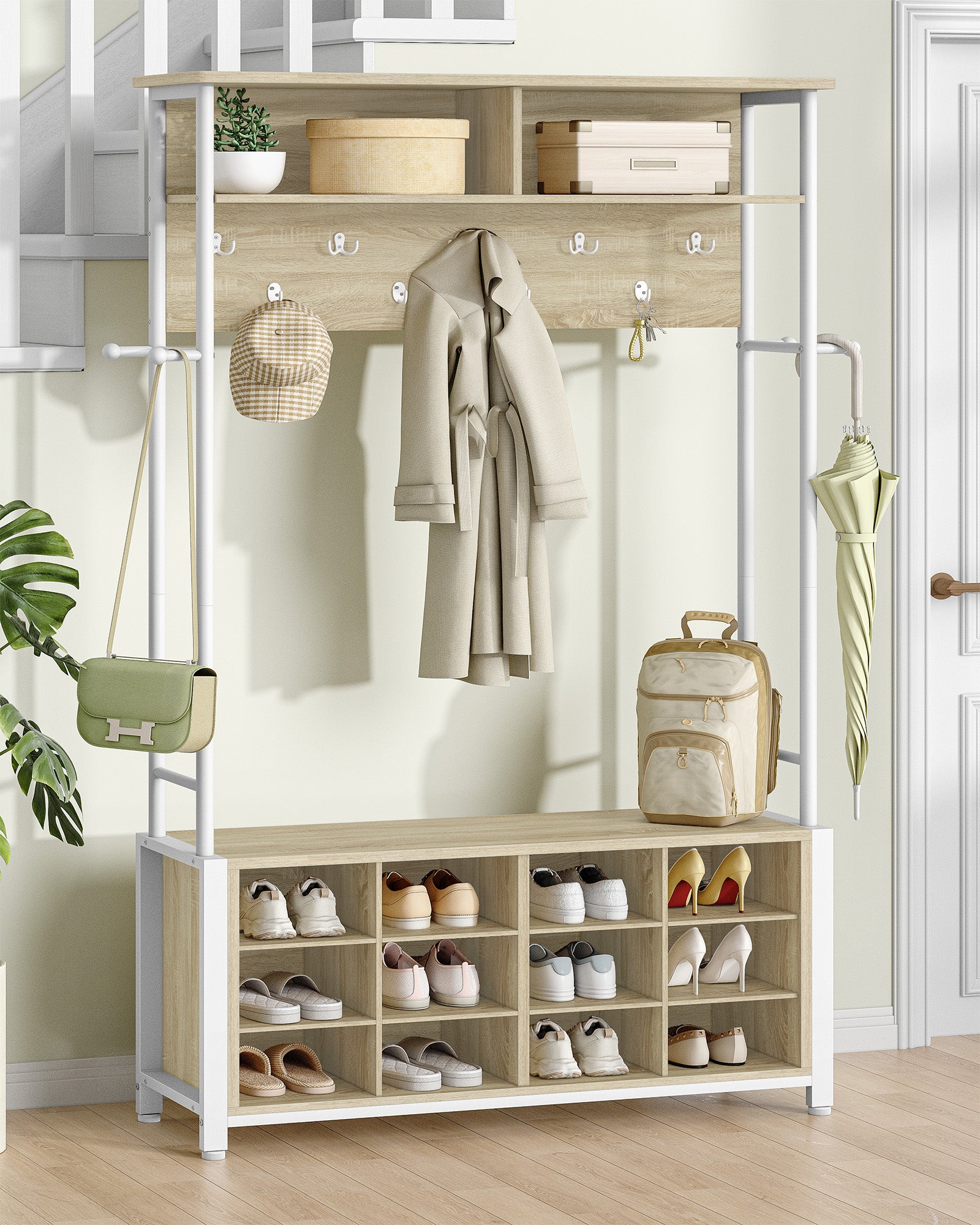 Hzuaneri Coat Rack with Shoe Bench, Wardrobe with 13 Hooks, 14 Open Compartments, Adjustable Shelves, Clothes Rack for Hallway, Entrance Area, 31 x 110 x 187 cm, Oak-White HT17916W