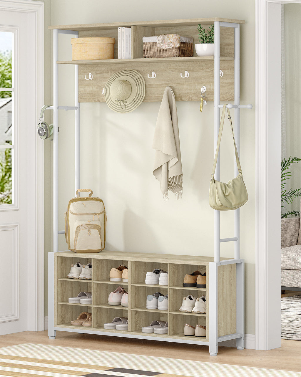 Hzuaneri Coat Rack with Shoe Bench, Wardrobe with 13 Hooks, 14 Open Compartments, Adjustable Shelves, Clothes Rack for Hallway, Entrance Area, 31 x 110 x 187 cm, Oak-White HT17916W