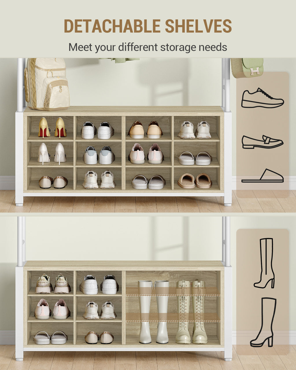 Hzuaneri Coat Rack with Shoe Bench, Wardrobe with 13 Hooks, 14 Open Compartments, Adjustable Shelves, Clothes Rack for Hallway, Entrance Area, 31 x 110 x 187 cm, Oak-White HT17916W