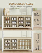 Hzuaneri Coat Rack with Shoe Bench, Wardrobe with 13 Hooks, 14 Open Compartments, Adjustable Shelves, Clothes Rack for Hallway, Entrance Area, 31 x 110 x 187 cm, Oak-White HT17916W