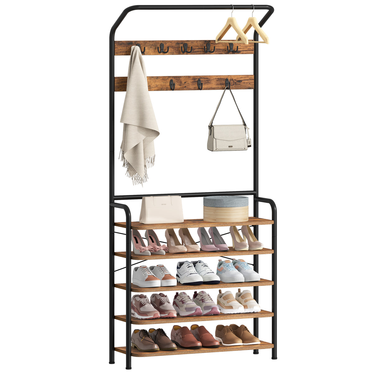 Hzuaneri Coat Rack with 5 Shelves, 1 Clothes Rail, 9 Hooks, Adjustable, Freestanding Clothes Rack for Hallway, Entrance, 30 x 78.5 x 195 cm, Vintage Brown and Black HT19001B