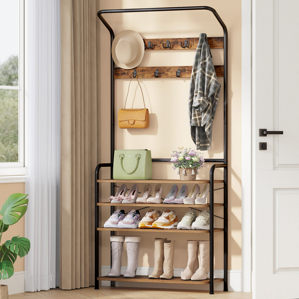 Hzuaneri Coat Rack with 5 Shelves, 1 Clothes Rail, 9 Hooks, Adjustable, Freestanding Clothes Rack for Hallway, Entrance, 30 x 78.5 x 195 cm, Vintage Brown and Black HT19001B