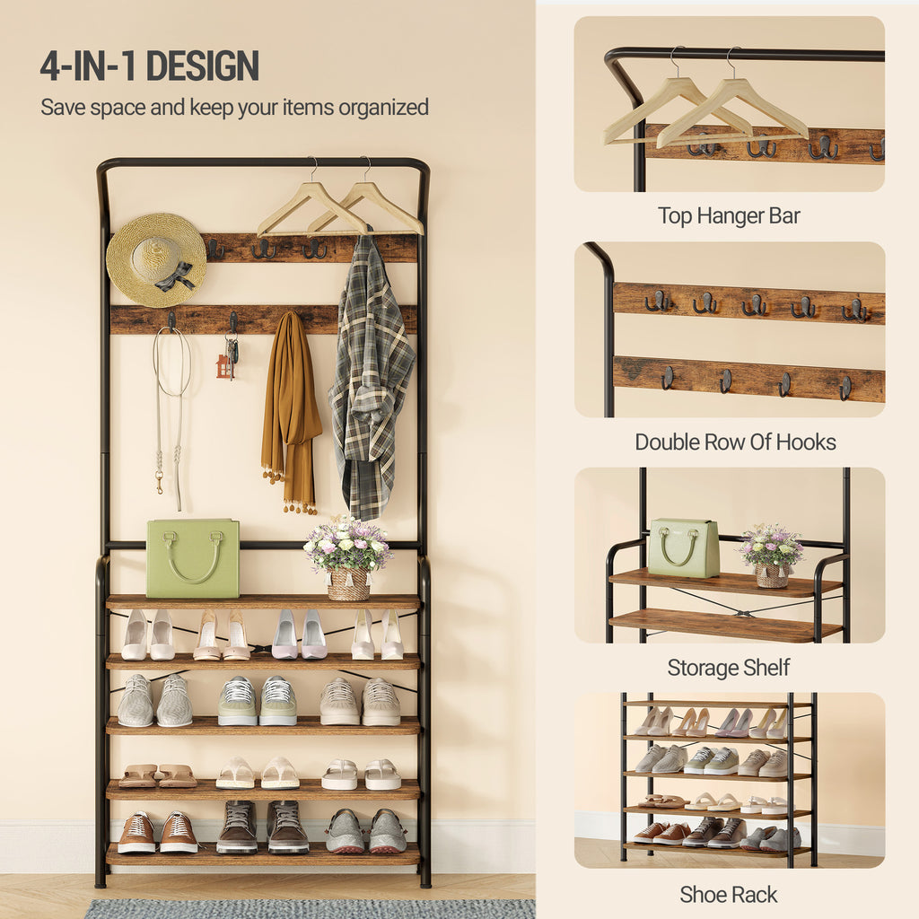 Hzuaneri Coat Rack with 5 Shelves, 1 Clothes Rail, 9 Hooks, Adjustable, Freestanding Clothes Rack for Hallway, Entrance, 30 x 78.5 x 195 cm, Vintage Brown and Black HT19001B
