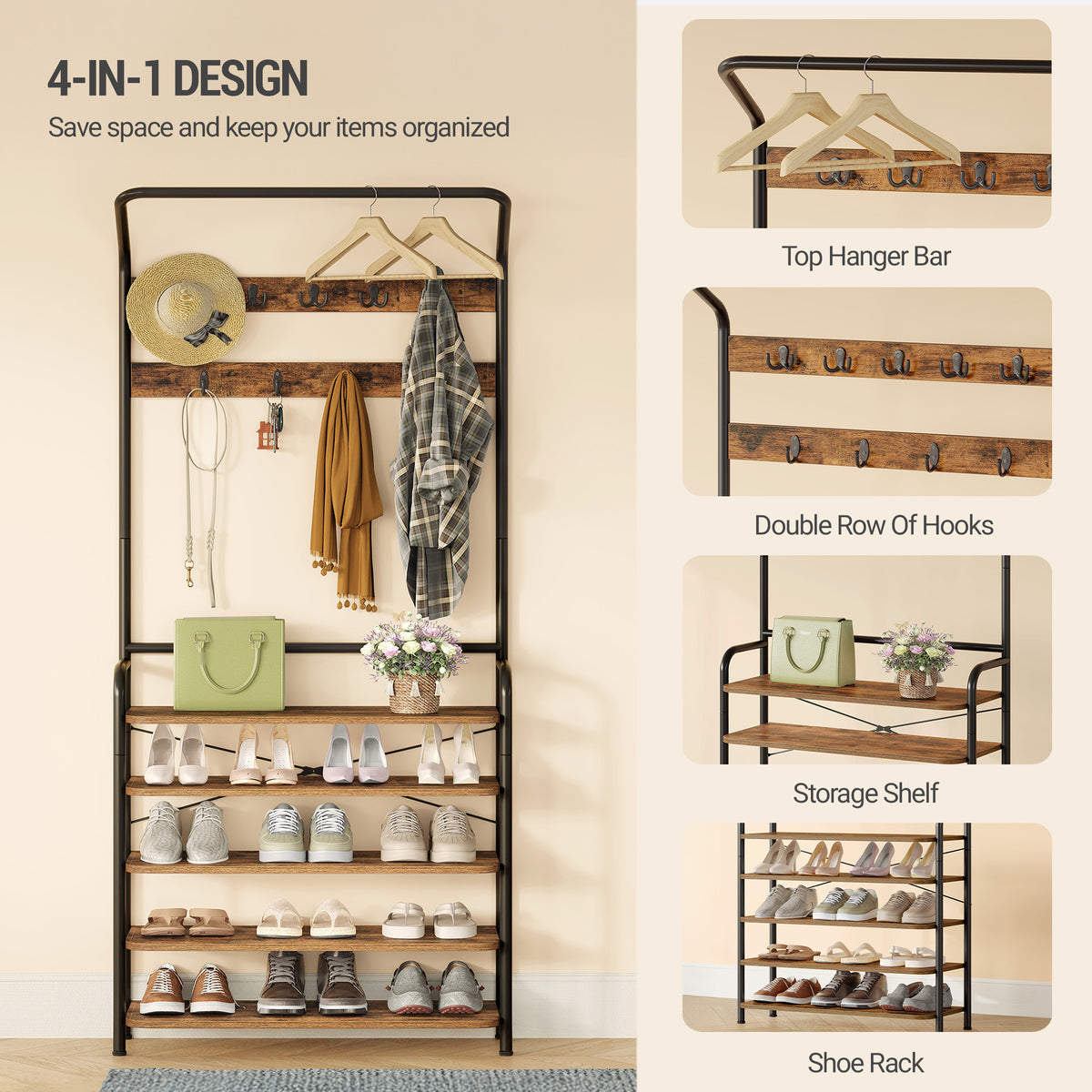 Hzuaneri Coat Rack with 5 Shelves, 1 Clothes Rail, 9 Hooks, Adjustable, Freestanding Clothes Rack for Hallway, Entrance, 30 x 78.5 x 195 cm, Vintage Brown and Black HT19001B