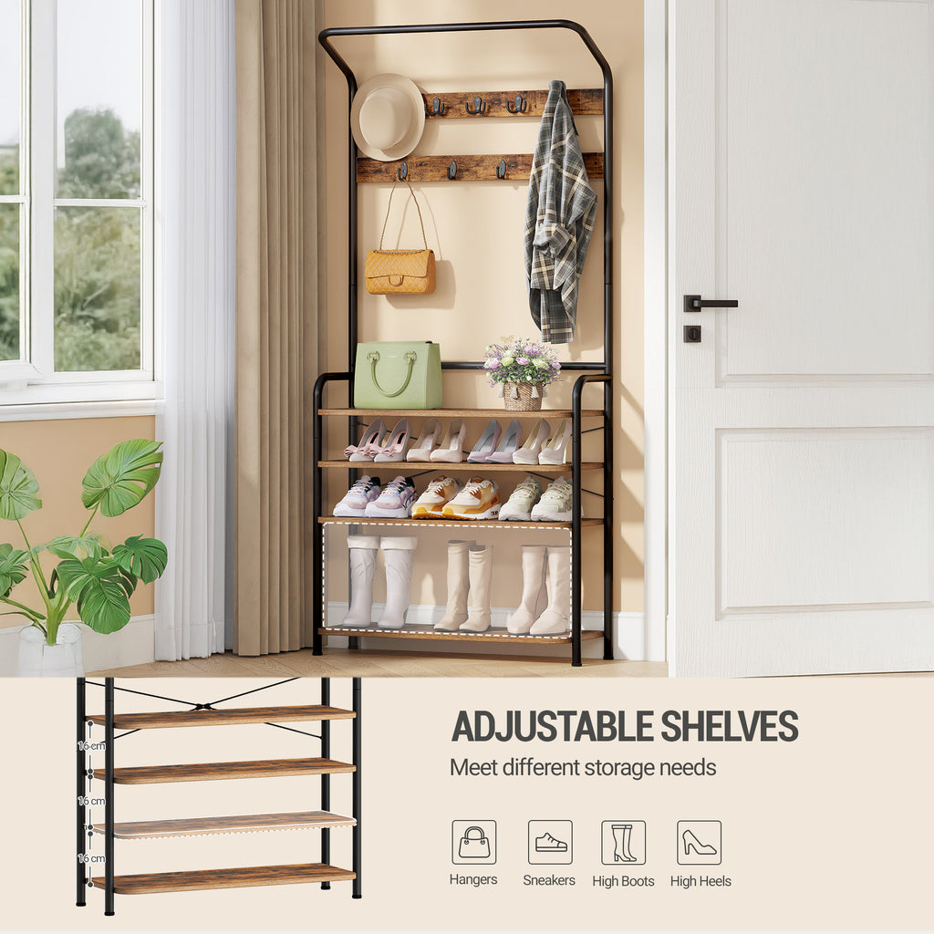 Hzuaneri Coat Rack with 5 Shelves, 1 Clothes Rail, 9 Hooks, Adjustable, Freestanding Clothes Rack for Hallway, Entrance, 30 x 78.5 x 195 cm, Vintage Brown and Black HT19001B