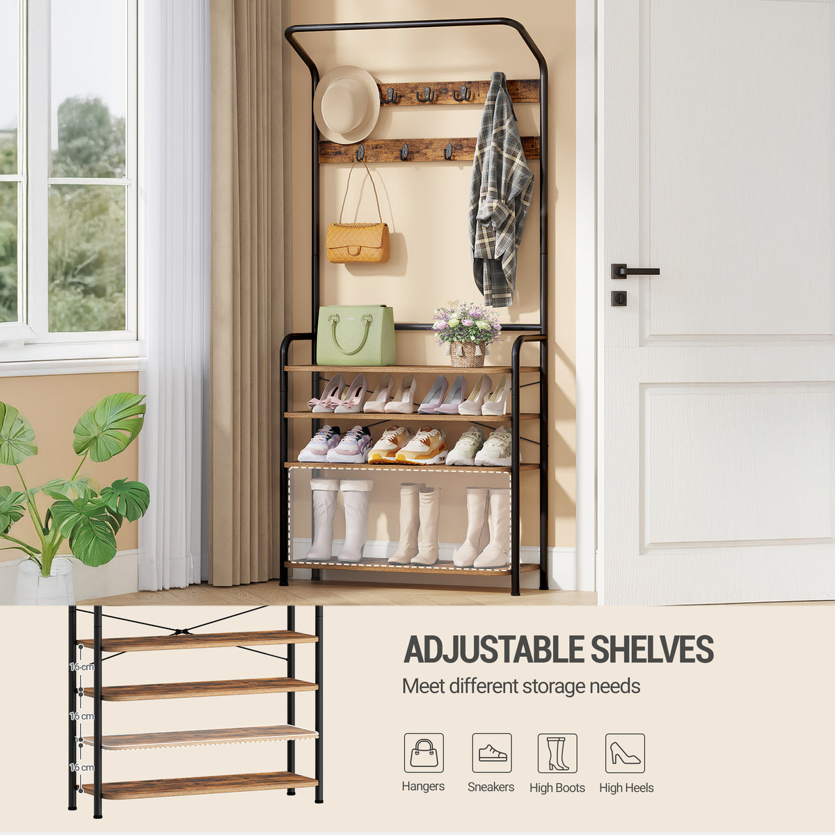 Hzuaneri Coat Rack with 5 Shelves, 1 Clothes Rail, 9 Hooks, Adjustable, Freestanding Clothes Rack for Hallway, Entrance, 30 x 78.5 x 195 cm, Vintage Brown and Black HT19001B