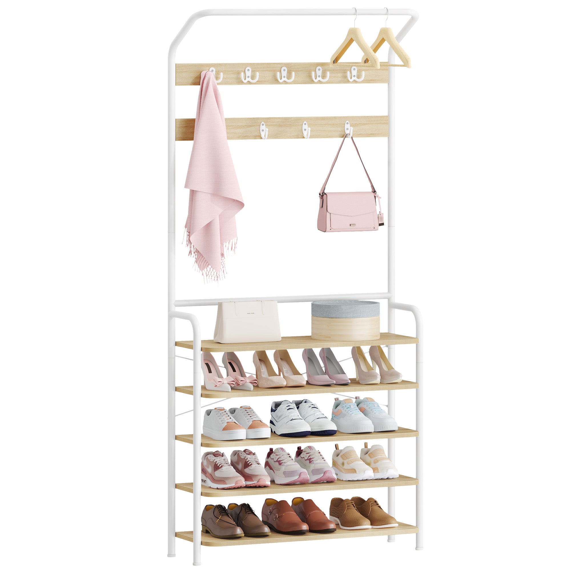 Hzuaneri Coat Rack, Wardrobe with 5 Shelves, 1 Clothes Rail, 9 Hooks, Adjustable, Freestanding Clothes Rack for Hallway, Entrance, 30 x 78.5 x 195 cm, Oak-White, HT19016W