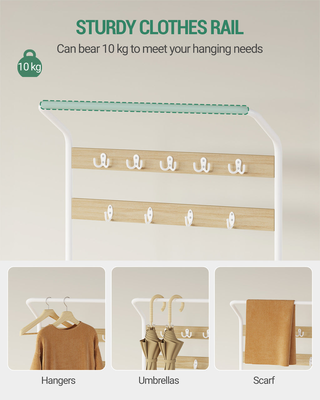 Hzuaneri Coat Rack, Wardrobe with 5 Shelves, 1 Clothes Rail, 9 Hooks, Adjustable, Freestanding Clothes Rack for Hallway, Entrance, 30 x 78.5 x 195 cm, Oak-White, HT19016W
