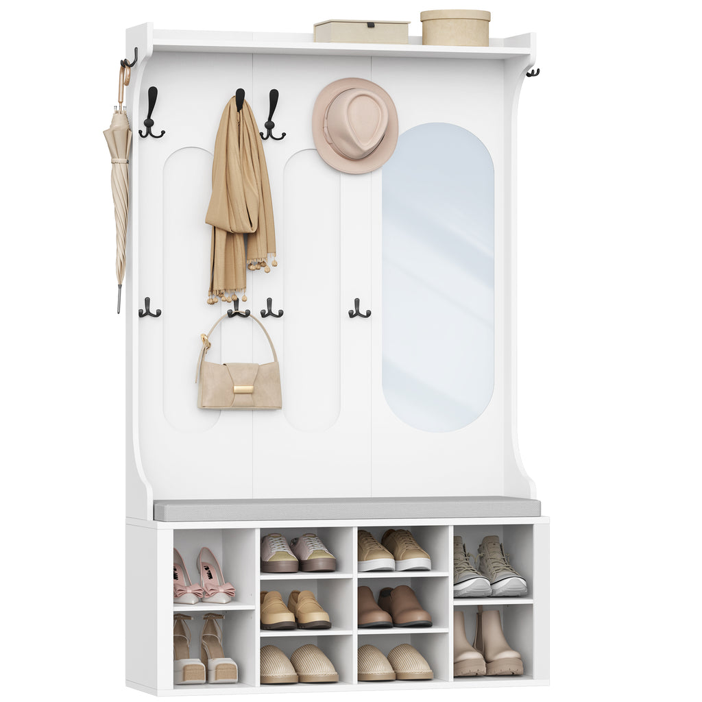 Hzuaneri Coat Rack with Shoe Bench, Wardrobe with Mirror, Shoe Storage, 10 Hooks, Adjustable Shelves, Freestanding, for Entrance Area, Hallway, 35.5 x 100 x 185 cm, White HT23503X