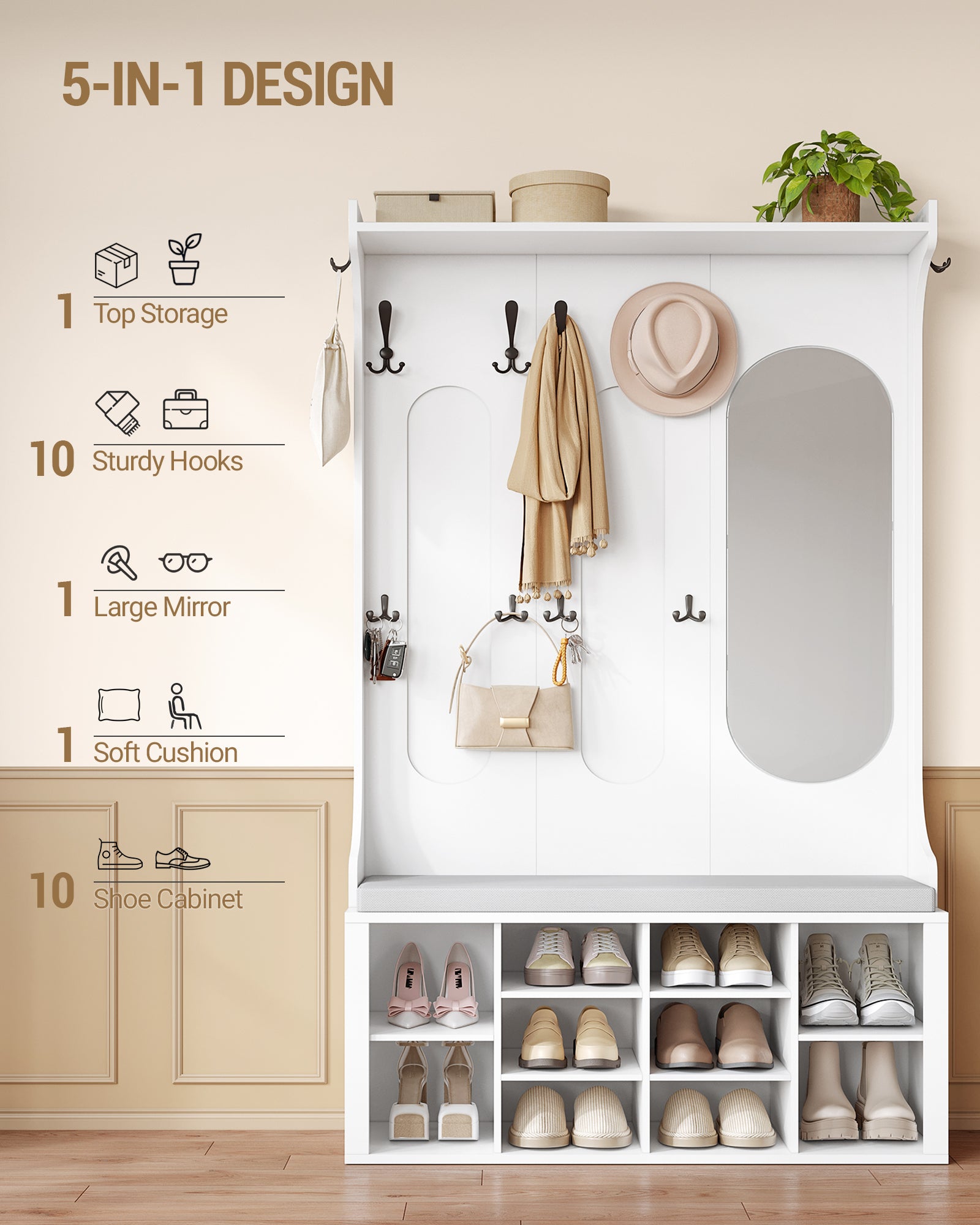 Hzuaneri Coat Rack with Shoe Bench, Wardrobe with Mirror, Shoe Storage, 10 Hooks, Adjustable Shelves, Freestanding, for Entrance Area, Hallway, 35.5 x 100 x 185 cm, White HT23503X