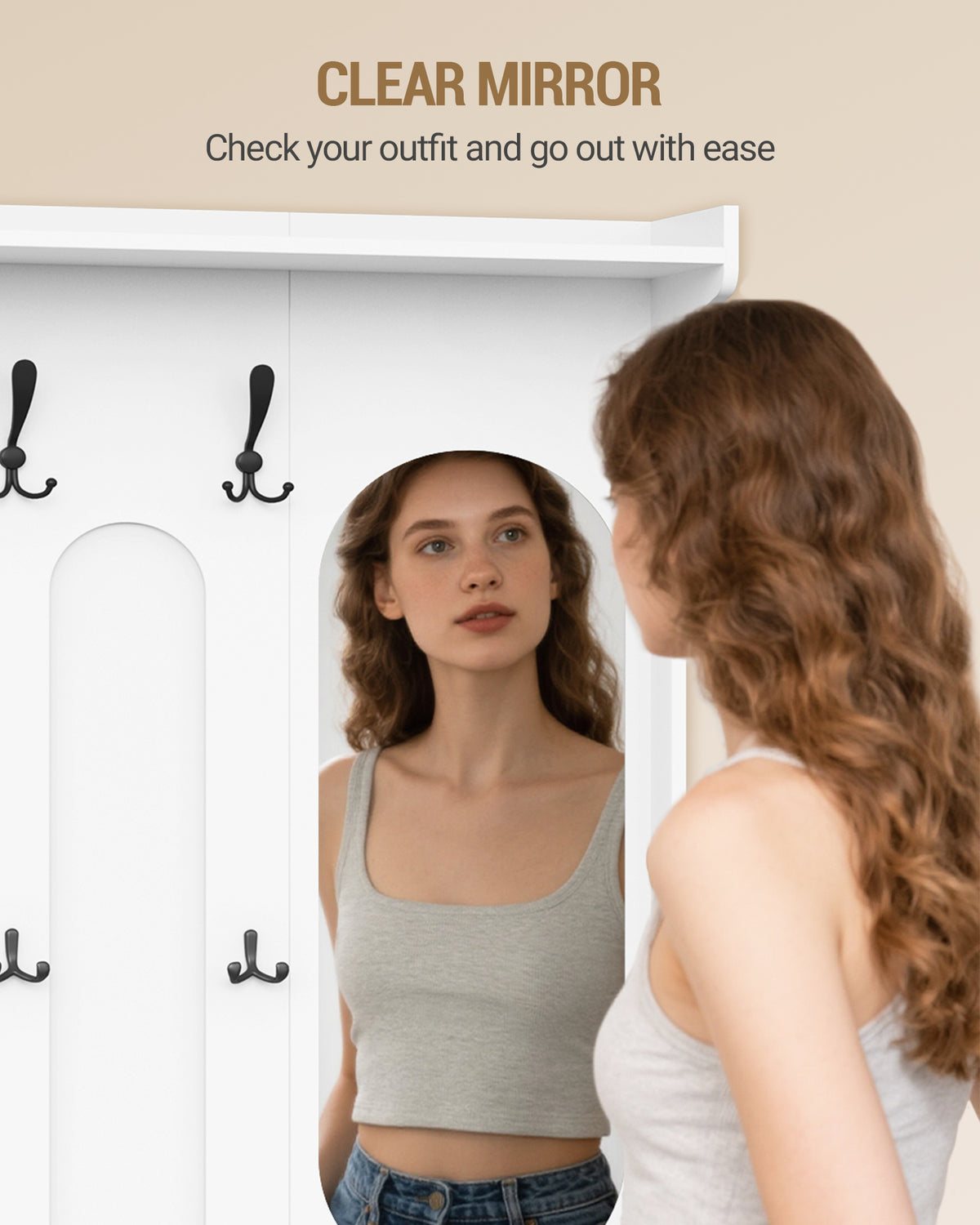 Hzuaneri Coat Rack with Shoe Bench, Wardrobe with Mirror, Shoe Storage, 10 Hooks, Adjustable Shelves, Freestanding, for Entrance Area, Hallway, 35.5 x 100 x 185 cm, White HT23503X