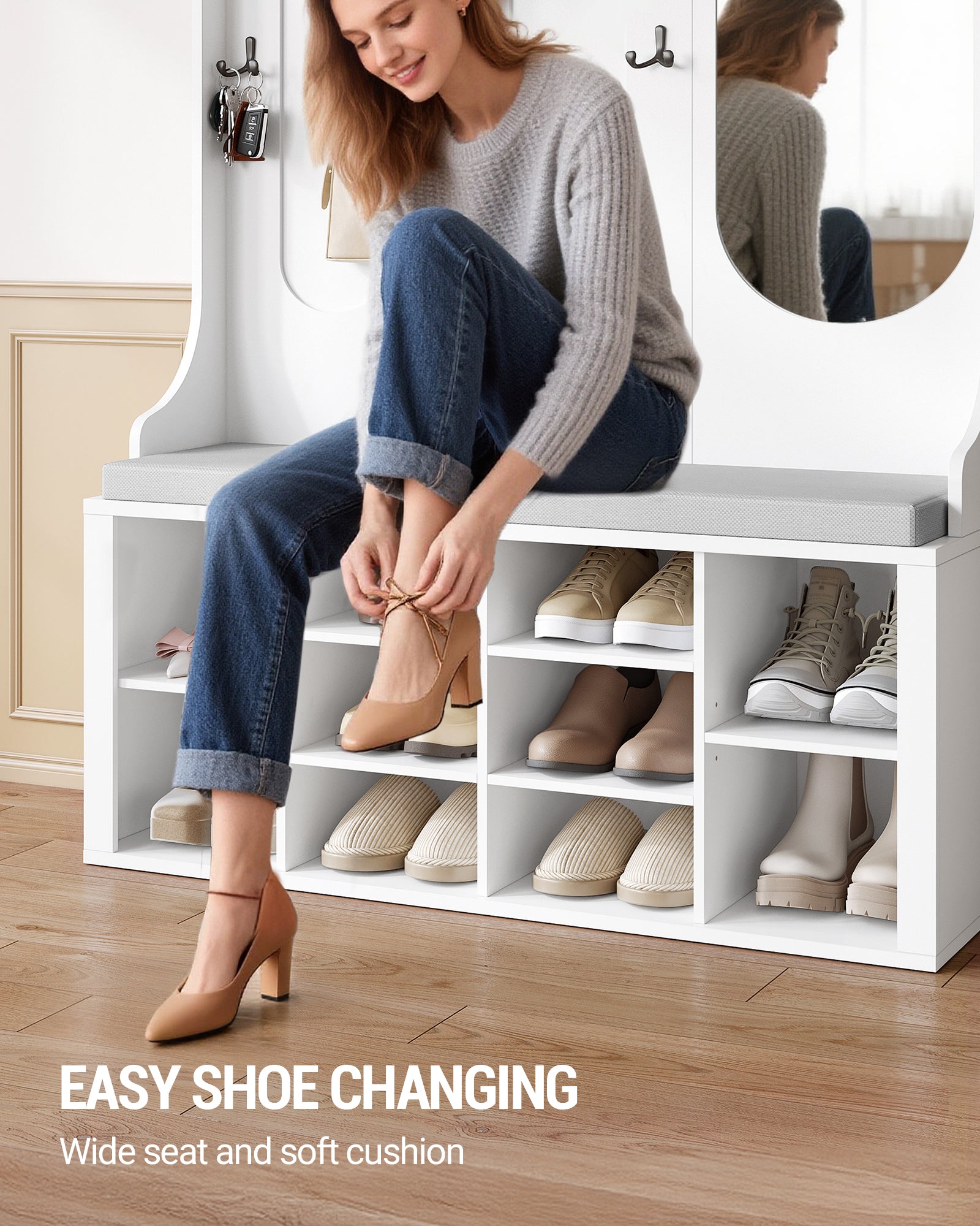 Hzuaneri Coat Rack with Shoe Bench, Wardrobe with Mirror, Shoe Storage, 10 Hooks, Adjustable Shelves, Freestanding, for Entrance Area, Hallway, 35.5 x 100 x 185 cm, White HT23503X