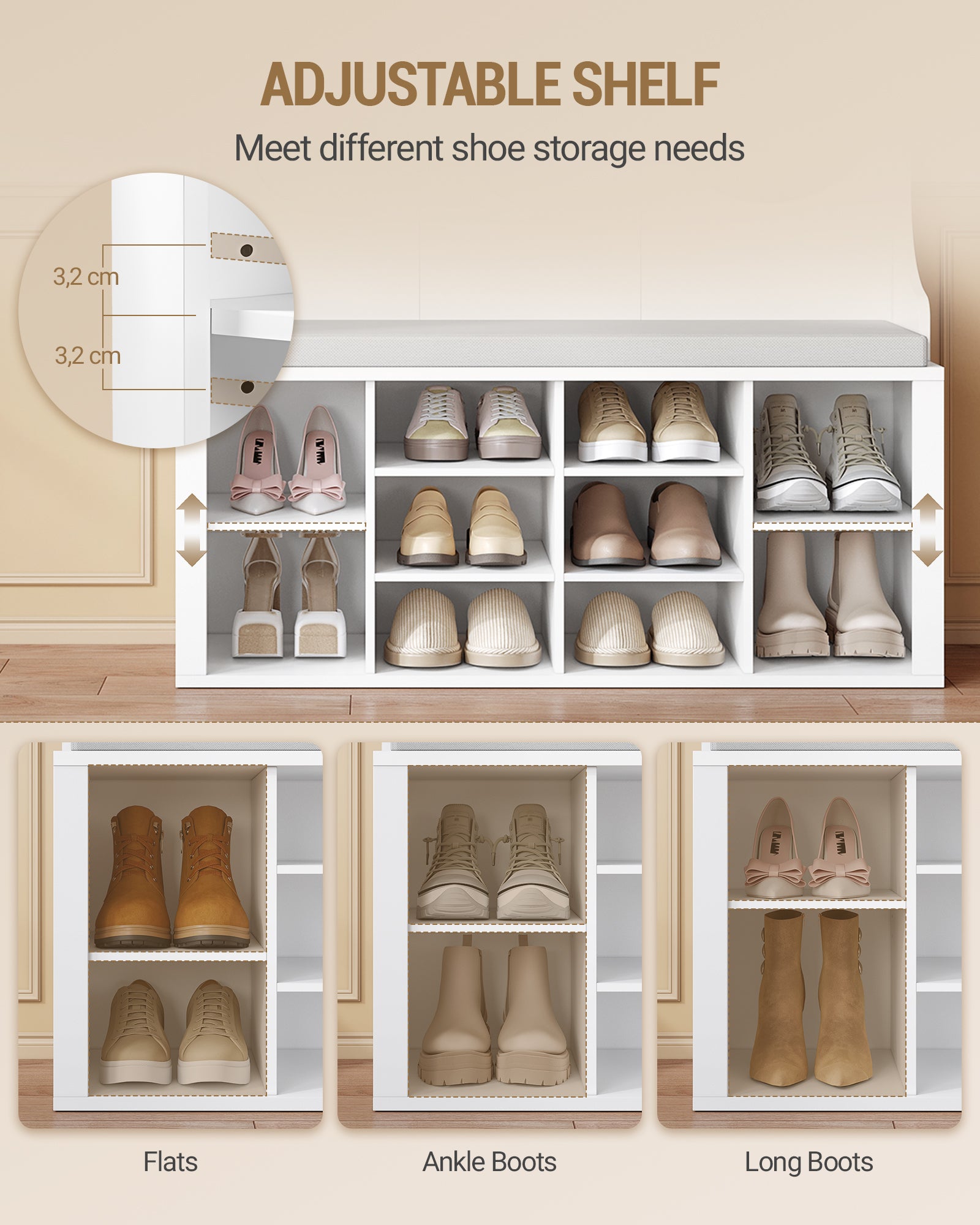 Hzuaneri Coat Rack with Shoe Bench, Wardrobe with Mirror, Shoe Storage, 10 Hooks, Adjustable Shelves, Freestanding, for Entrance Area, Hallway, 35.5 x 100 x 185 cm, White HT23503X