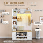Hzuaneri Coat Rack with Bench, Wardrobe with LED Lighting, Clothes Rack, Adjustable Shelves, 15 Open Compartments, 7 Hooks, for Entrance Area, 40.3 x 120 x 191 cm, White-Yellow HT24603X