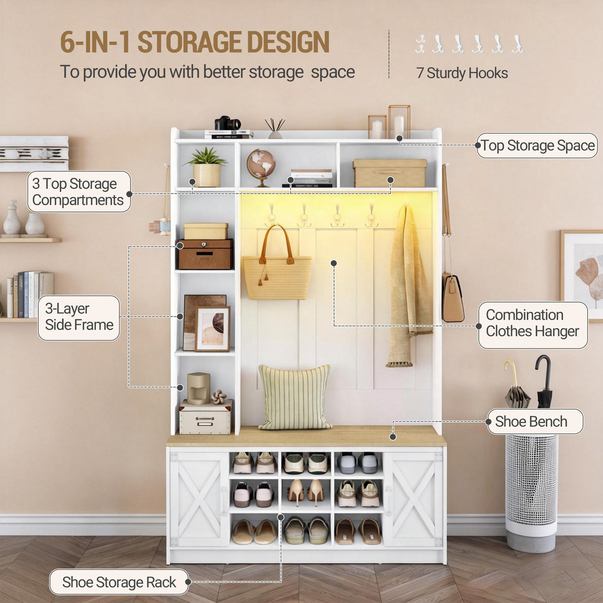Hzuaneri Coat Rack with Bench, Wardrobe with LED Lighting, Clothes Rack, Adjustable Shelves, 15 Open Compartments, 7 Hooks, for Entrance Area, 40.3 x 120 x 191 cm, White-Yellow HT24603X