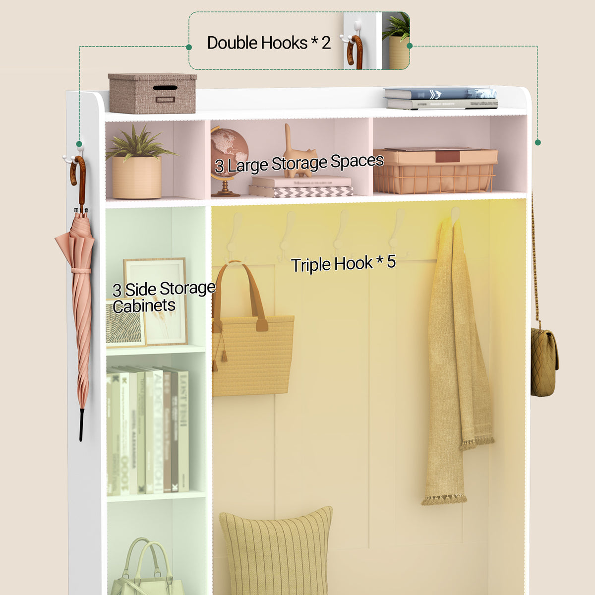 Hzuaneri Coat Rack with Bench, Wardrobe with LED Lighting, Clothes Rack, Adjustable Shelves, 15 Open Compartments, 7 Hooks, for Entrance Area, 40.3 x 120 x 191 cm, White-Yellow HT24603X