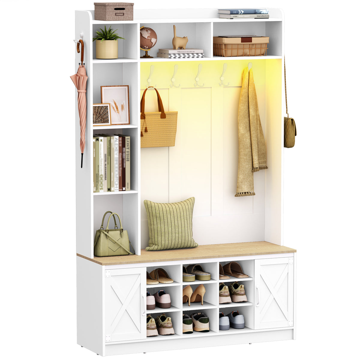 Hzuaneri Coat Rack with Bench, Wardrobe with LED Lighting, Clothes Rack, Adjustable Shelves, 15 Open Compartments, 7 Hooks, for Entrance Area, 40.3 x 120 x 191 cm, White-Yellow HT24603X