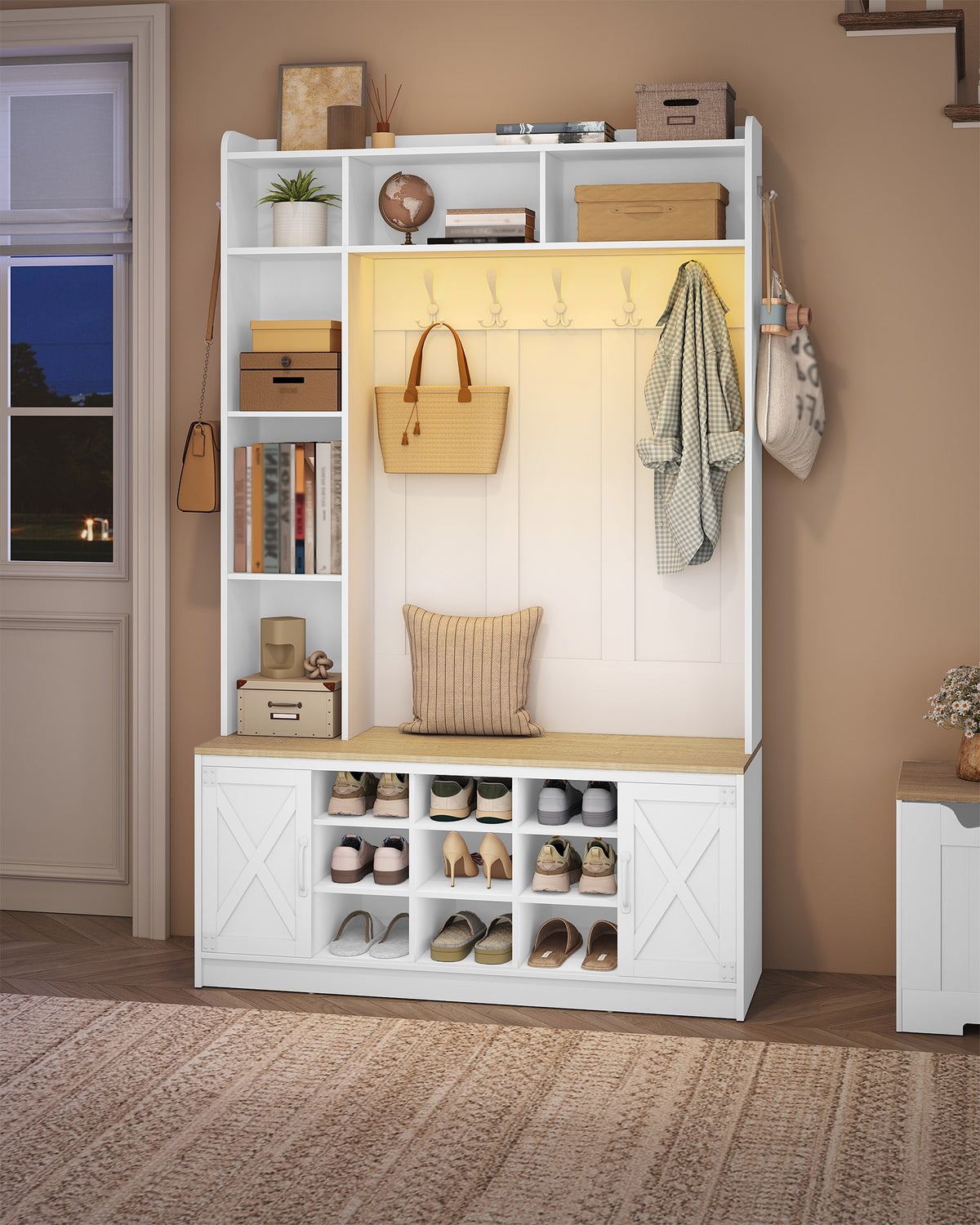 Hzuaneri Coat Rack with Bench, Wardrobe with LED Lighting, Clothes Rack, Adjustable Shelves, 15 Open Compartments, 7 Hooks, for Entrance Area, 40.3 x 120 x 191 cm, White-Yellow HT24603X
