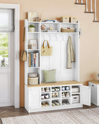 Hzuaneri Coat Rack with Bench, Wardrobe with LED Lighting, Clothes Rack, Adjustable Shelves, 15 Open Compartments, 7 Hooks, for Entrance Area, 40.3 x 120 x 191 cm, White-Yellow HT24603X