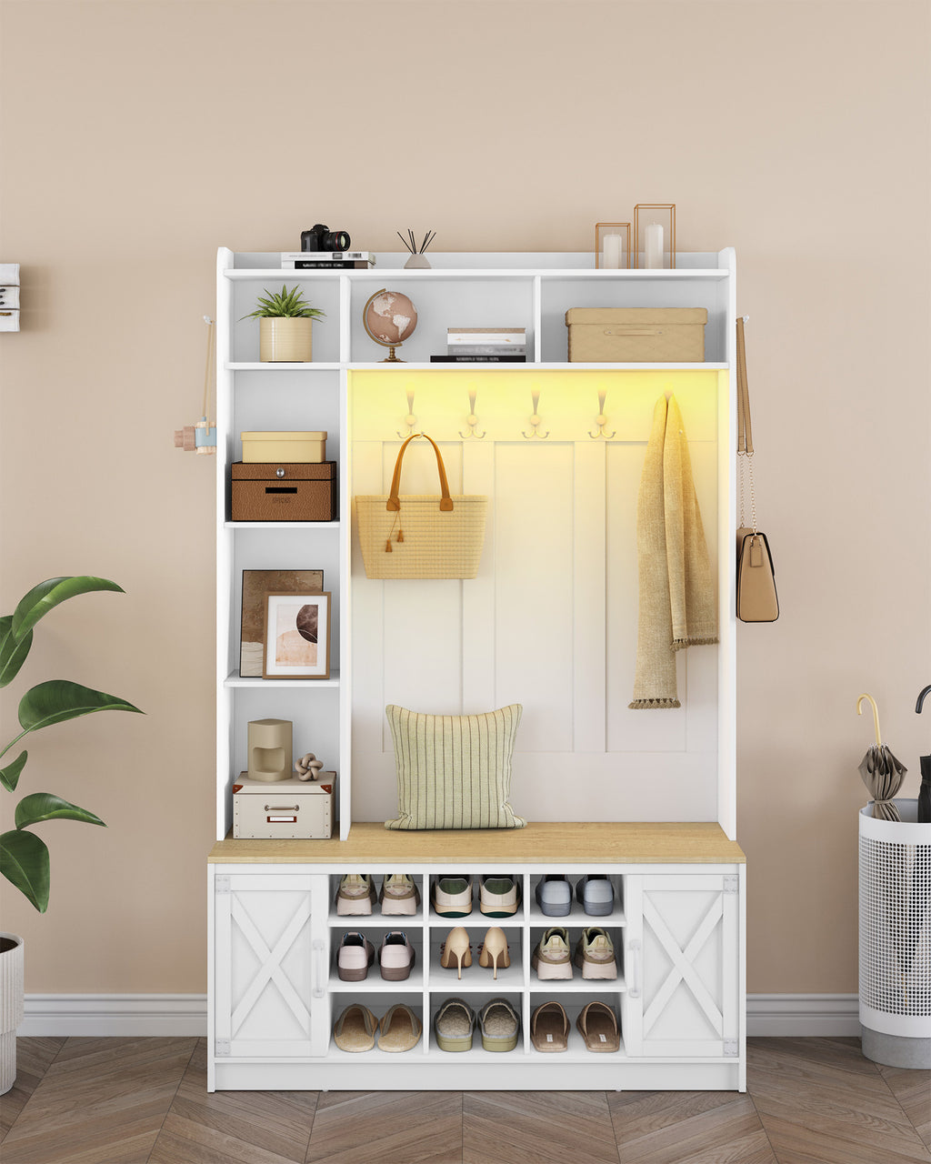 Hzuaneri Coat Rack with Bench, Wardrobe with LED Lighting, Clothes Rack, Adjustable Shelves, 15 Open Compartments, 7 Hooks, for Entrance Area, 40.3 x 120 x 191 cm, White-Yellow HT24603X
