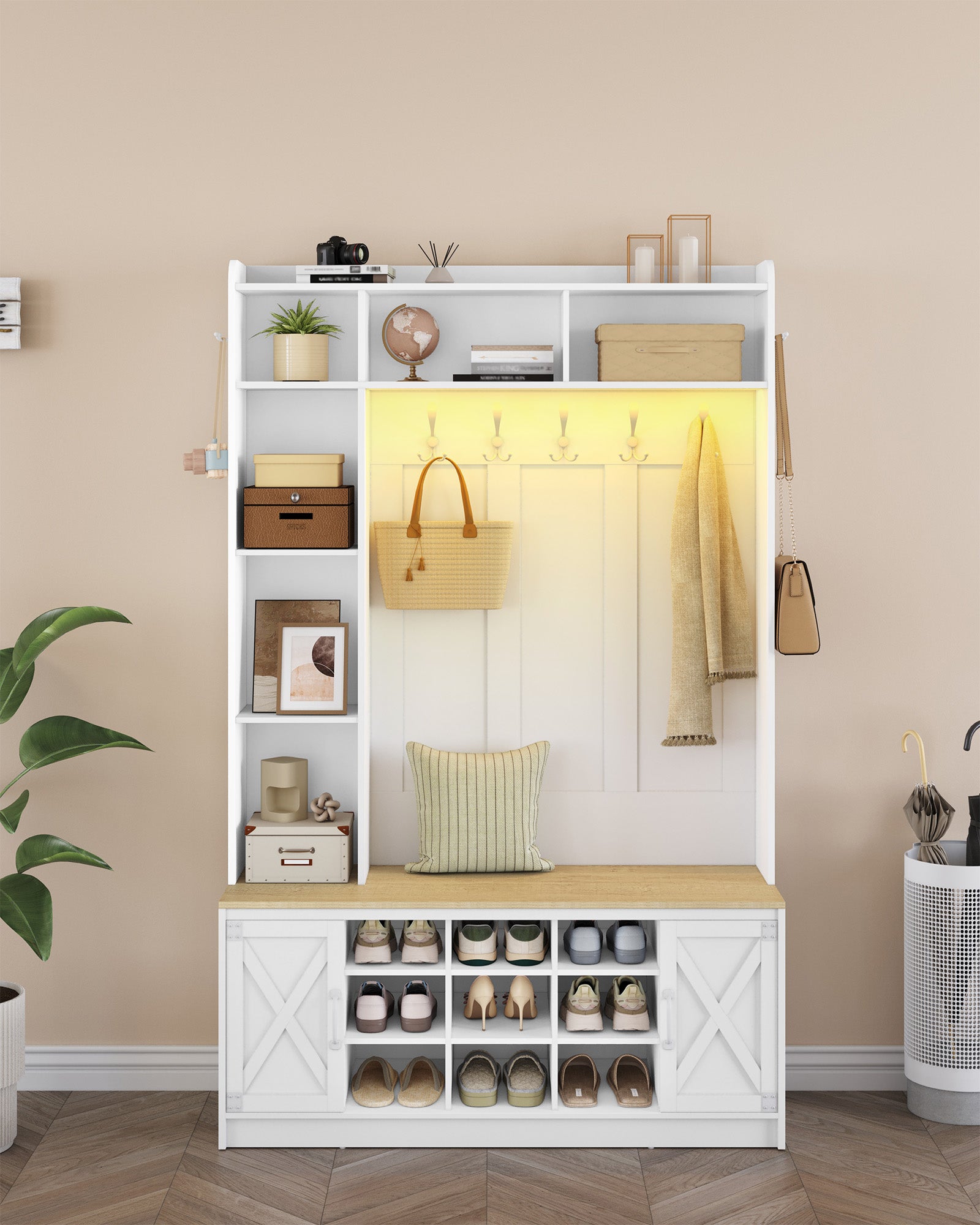 Hzuaneri Coat Rack with Bench, Wardrobe with LED Lighting, Clothes Rack, Adjustable Shelves, 15 Open Compartments, 7 Hooks, for Entrance Area, 40.3 x 120 x 191 cm, White-Yellow HT24603X