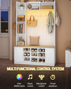 Hzuaneri Coat Rack with Bench, Wardrobe with LED Lighting, Clothes Rack, Adjustable Shelves, 15 Open Compartments, 7 Hooks, for Entrance Area, 40.3 x 120 x 191 cm, White-Yellow HT24603X