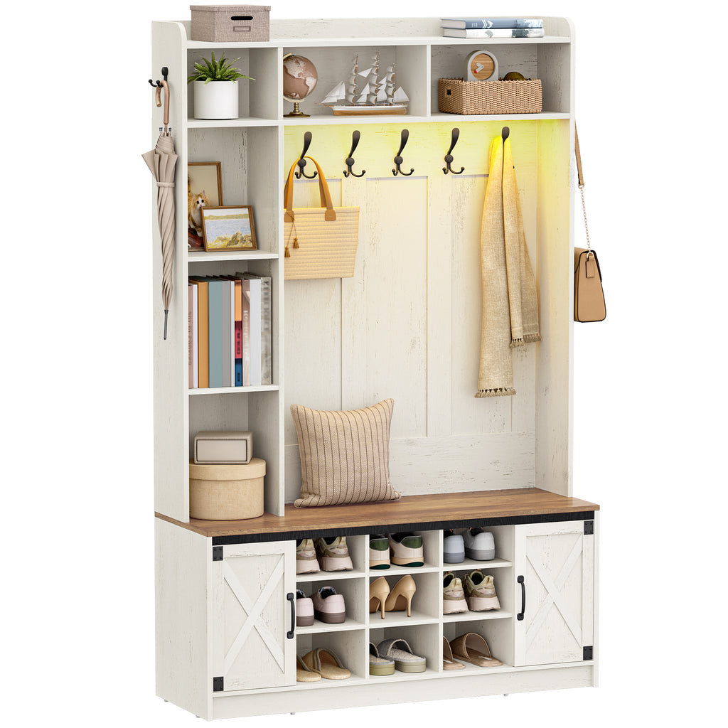 Hzuaneri Coat Rack with Bench, Wardrobe with LED Lighting, Clothes Rack, Adjustable Shelves, 15 Open Compartments, 7 Hooks, for Entrance Area, 40.3 x 120 x 191 cm, White-Brown HT24614X