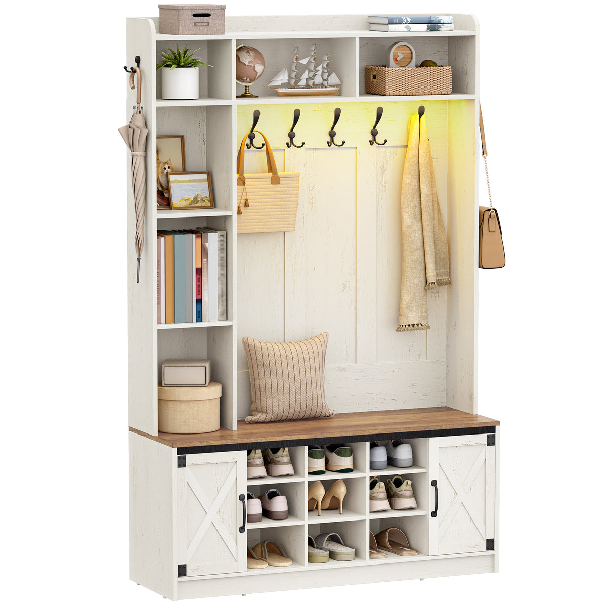 Hzuaneri Coat Rack with Bench, Wardrobe with LED Lighting, Clothes Rack, Adjustable Shelves, 15 Open Compartments, 7 Hooks, for Entrance Area, 40.3 x 120 x 191 cm, White-Brown HT24614X