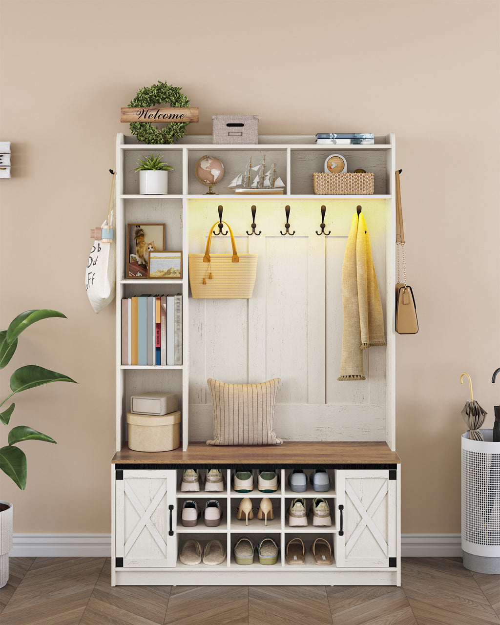 Hzuaneri Coat Rack with Bench, Wardrobe with LED Lighting, Clothes Rack, Adjustable Shelves, 15 Open Compartments, 7 Hooks, for Entrance Area, 40.3 x 120 x 191 cm, White-Brown HT24614X