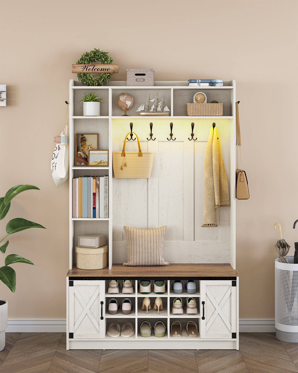 Hzuaneri Coat Rack with Bench, Wardrobe with LED Lighting, Clothes Rack, Adjustable Shelves, 15 Open Compartments, 7 Hooks, for Entrance Area, 40.3 x 120 x 191 cm, White-Brown HT24614X