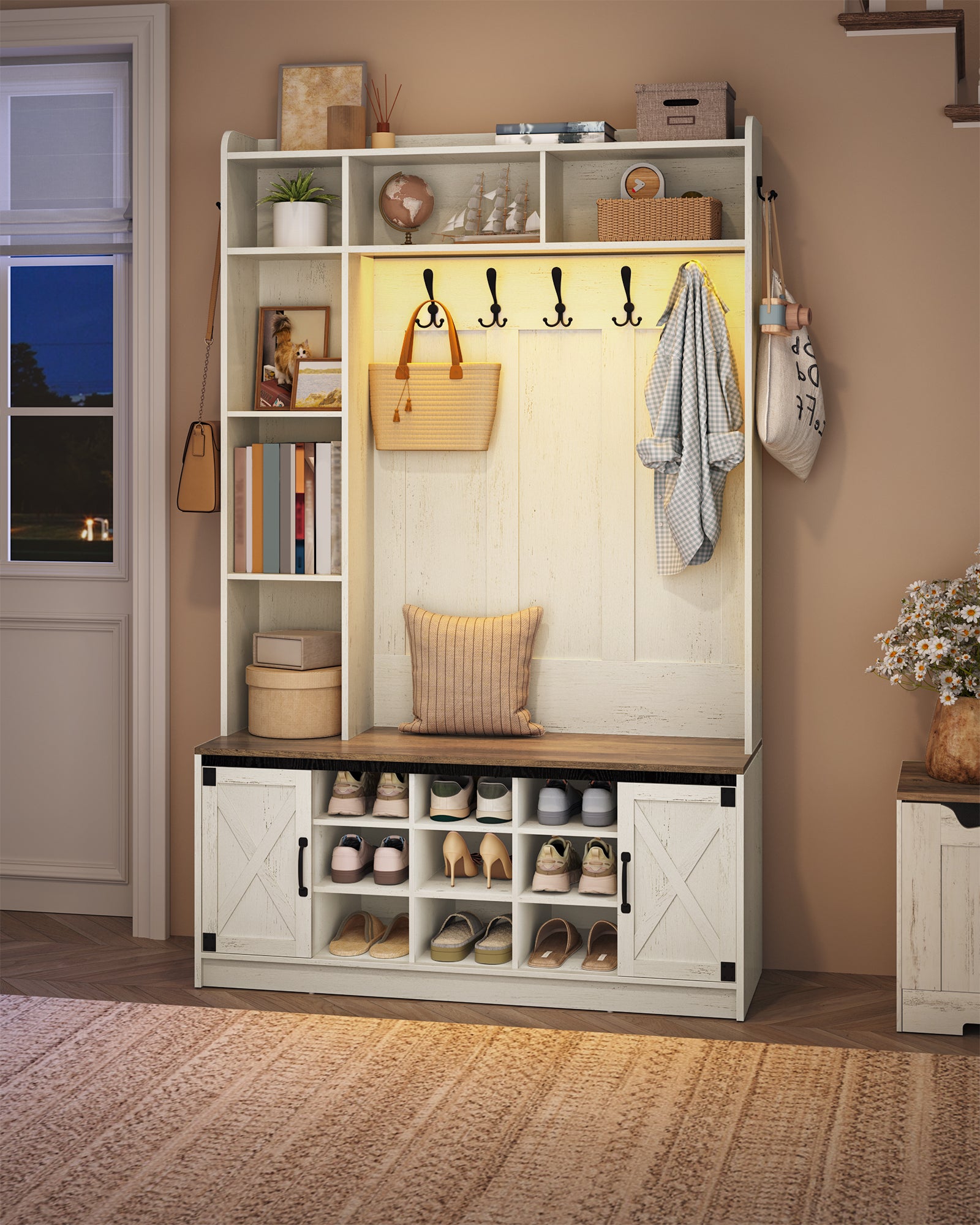 Hzuaneri Coat Rack with Bench, Wardrobe with LED Lighting, Clothes Rack, Adjustable Shelves, 15 Open Compartments, 7 Hooks, for Entrance Area, 40.3 x 120 x 191 cm, White-Brown HT24614X