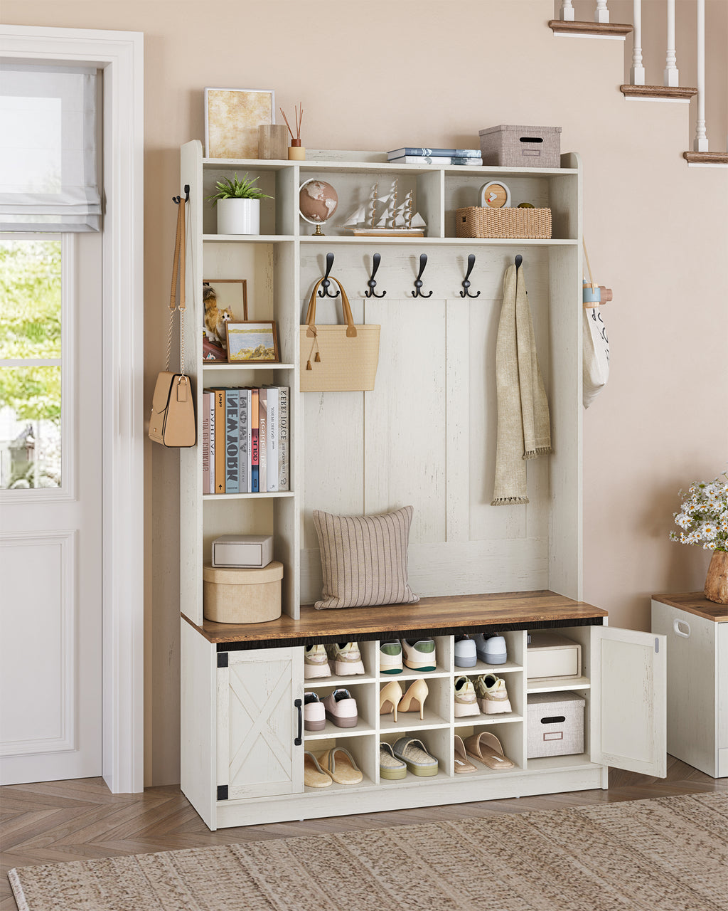 Hzuaneri Coat Rack with Bench, Wardrobe with LED Lighting, Clothes Rack, Adjustable Shelves, 15 Open Compartments, 7 Hooks, for Entrance Area, 40.3 x 120 x 191 cm, White-Brown HT24614X