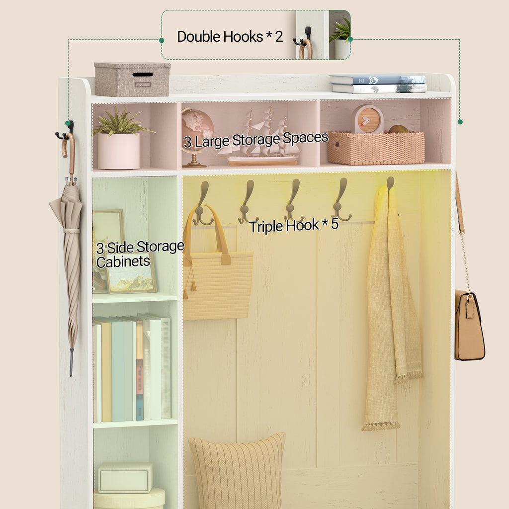 Hzuaneri Coat Rack with Bench, Wardrobe with LED Lighting, Clothes Rack, Adjustable Shelves, 15 Open Compartments, 7 Hooks, for Entrance Area, 40.3 x 120 x 191 cm, White-Brown HT24614X