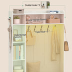 Hzuaneri Coat Rack with Bench, Wardrobe with LED Lighting, Clothes Rack, Adjustable Shelves, 15 Open Compartments, 7 Hooks, for Entrance Area, 40.3 x 120 x 191 cm, White-Brown HT24614X