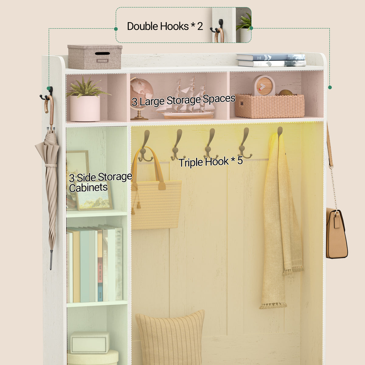 Hzuaneri Coat Rack with Bench, Wardrobe with LED Lighting, Clothes Rack, Adjustable Shelves, 15 Open Compartments, 7 Hooks, for Entrance Area, 40.3 x 120 x 191 cm, White-Brown HT24614X