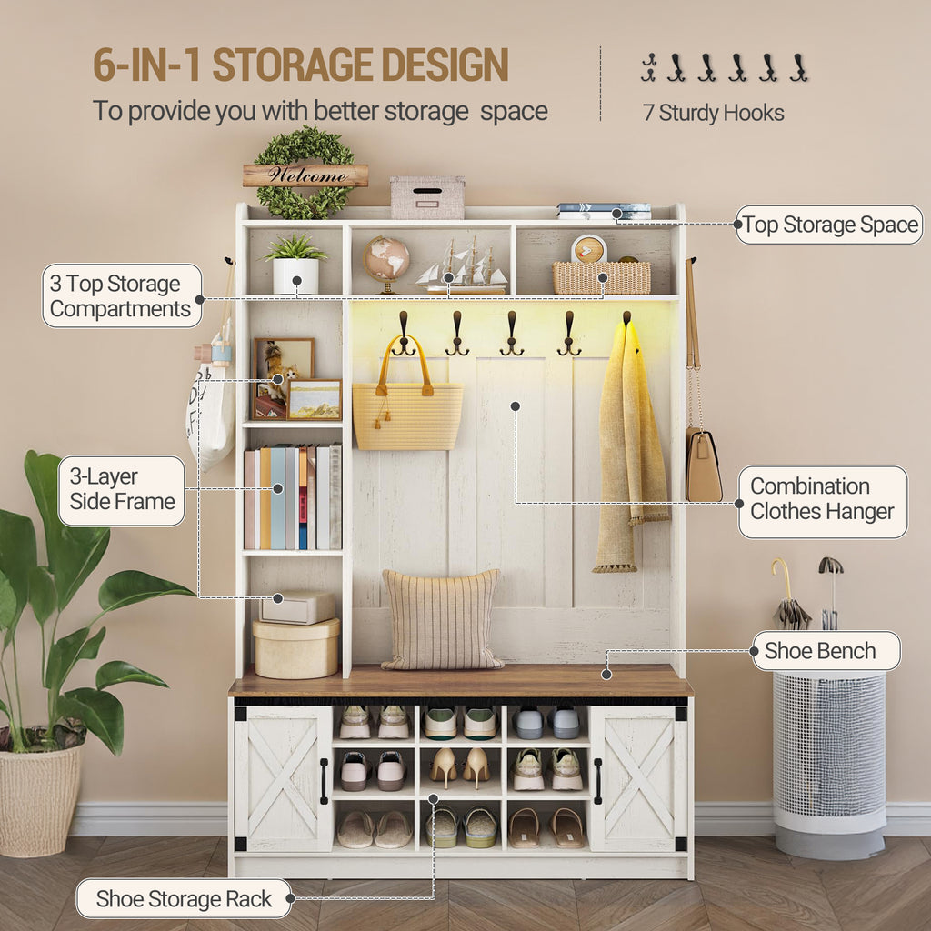 Hzuaneri Coat Rack with Bench, Wardrobe with LED Lighting, Clothes Rack, Adjustable Shelves, 15 Open Compartments, 7 Hooks, for Entrance Area, 40.3 x 120 x 191 cm, White-Brown HT24614X