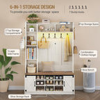 Hzuaneri Coat Rack with Bench, Wardrobe with LED Lighting, Clothes Rack, Adjustable Shelves, 15 Open Compartments, 7 Hooks, for Entrance Area, 40.3 x 120 x 191 cm, White-Brown HT24614X