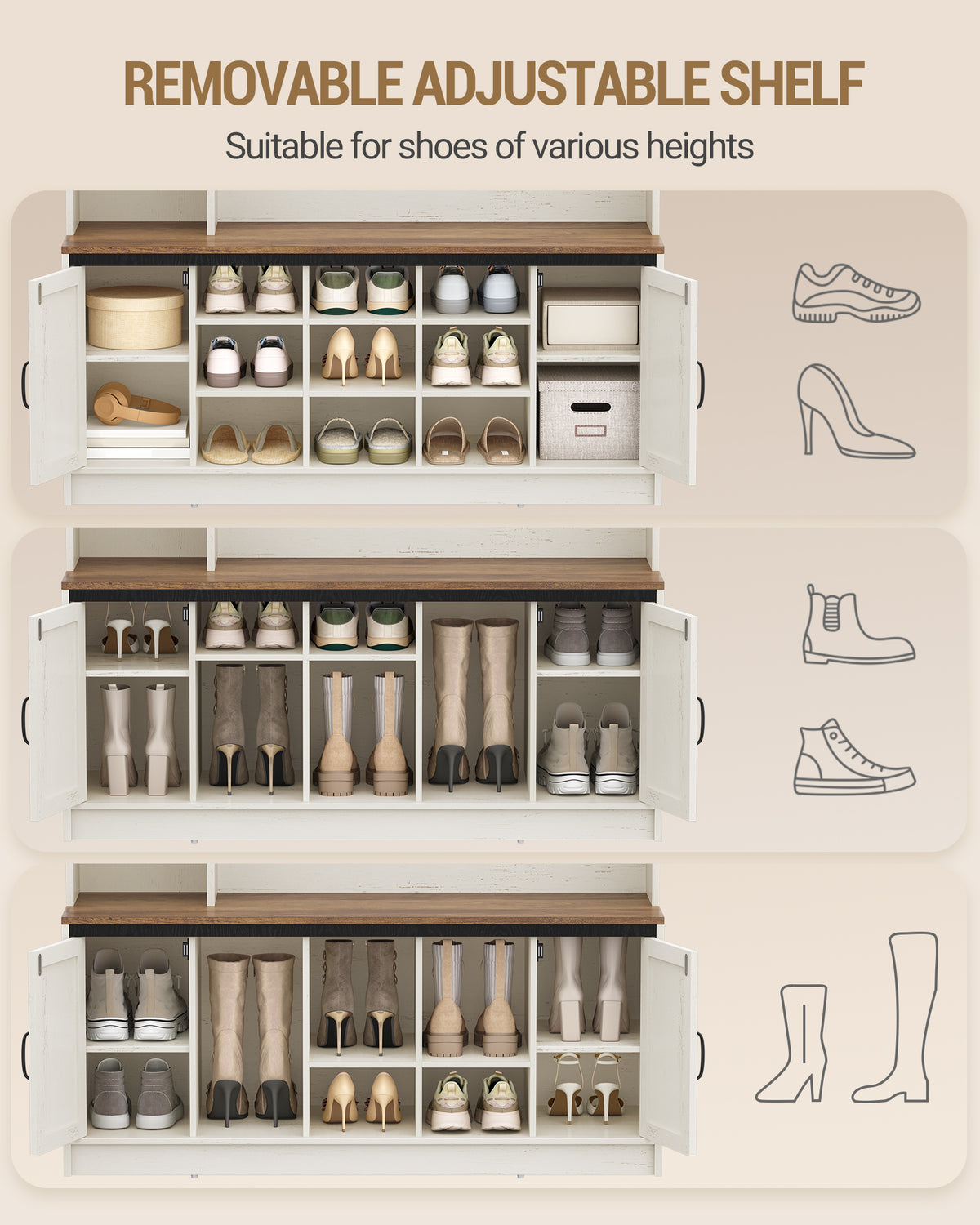 Hzuaneri Coat Rack with Bench, Wardrobe with LED Lighting, Clothes Rack, Adjustable Shelves, 15 Open Compartments, 7 Hooks, for Entrance Area, 40.3 x 120 x 191 cm, White-Brown HT24614X
