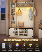 Hzuaneri Coat Rack with Bench, Wardrobe with LED Lighting, Clothes Rack, Adjustable Shelves, 15 Open Compartments, 7 Hooks, for Entrance Area, 40.3 x 120 x 191 cm, White-Brown HT24614X