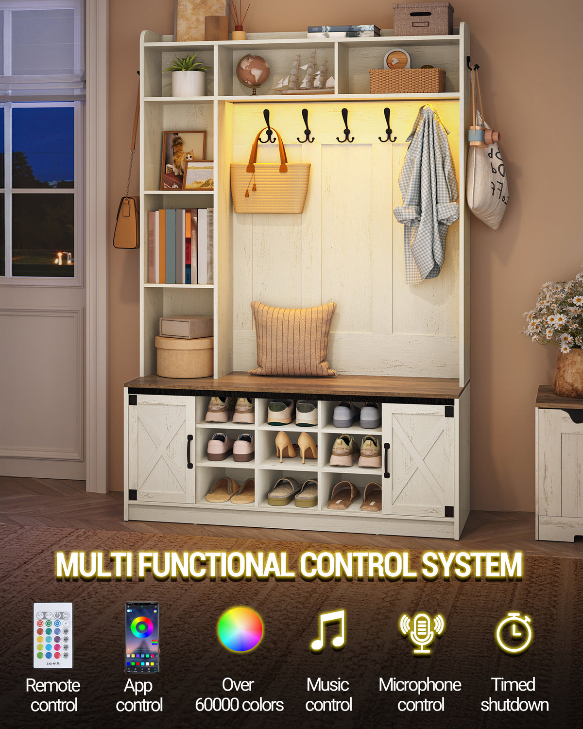 Hzuaneri Coat Rack with Bench, Wardrobe with LED Lighting, Clothes Rack, Adjustable Shelves, 15 Open Compartments, 7 Hooks, for Entrance Area, 40.3 x 120 x 191 cm, White-Brown HT24614X